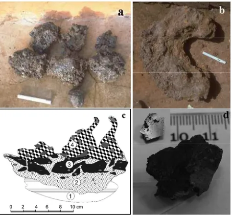 Figure 5. The as-smelted lump: (a) pieces of the broken as-smelted lump, (b) typical horseshoe morphology and size of the as-smelted lump, (c) Scheme of the lateral section of the as-smelted lump with indication of various chemical phases, (d) Aspect of th