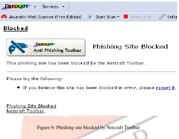 Figure 9: Phishing site blocked by Netcraft Toolbar  