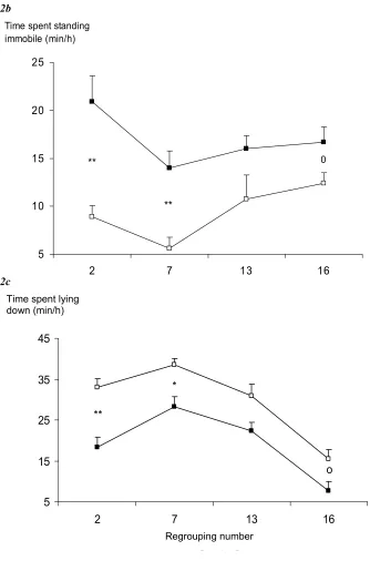 Figure 2: Activity of heifers during the three hours following a regrouping. Re-grouped heifers (n = 8 pairs, ure 2a, frequency of sniffing a pen; Figure 2b, time spent standing immobile; Figure 2c, time spent lying down