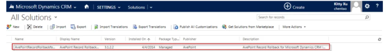 Figure 4: Successfully imported Record Rollback (Dynamics CRM 2013 environment shown)