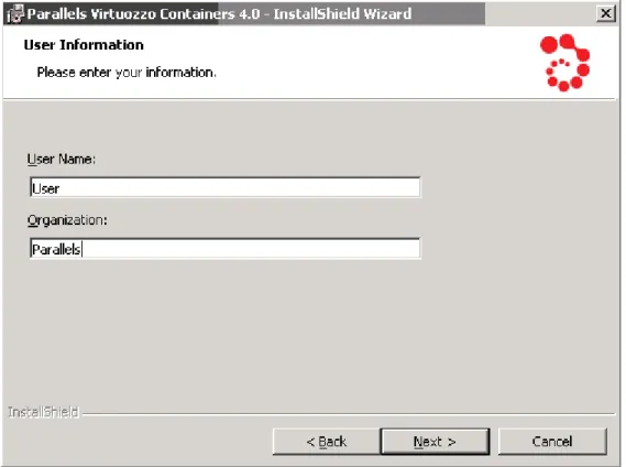 Figure 8: Installing Virtuozzo Containers - Entering User's Information  Enter the necessary information in the fields provided and click Next