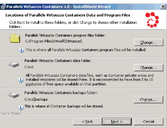 Figure 9: Installing Virtuozzo Containers - Specifying Destination Folders  The three folders specified on the given step of the wizard mean the following: 