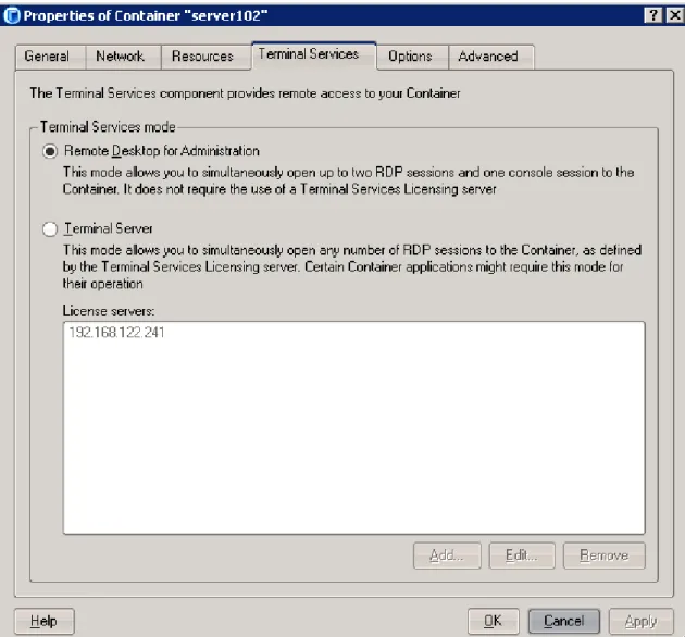 Figure 11: Management Console - Configuring Terminal Services Inside Container  When you are ready, click OK