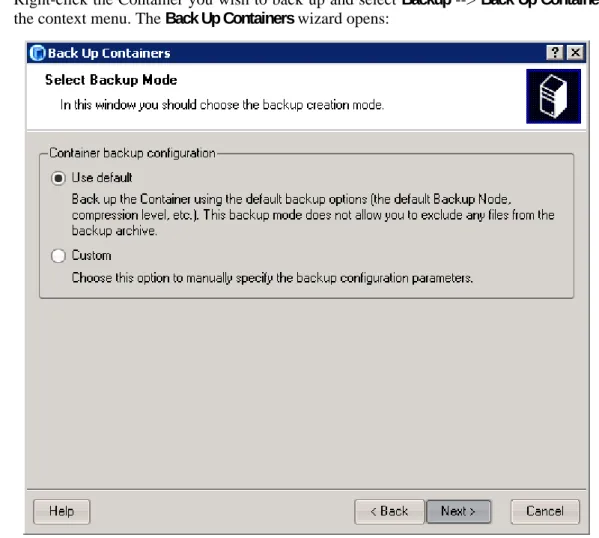 Figure 18: Management Console - Choosing Backup Mode  3  On the first step of the wizard, you should choose the Container backup mode: 