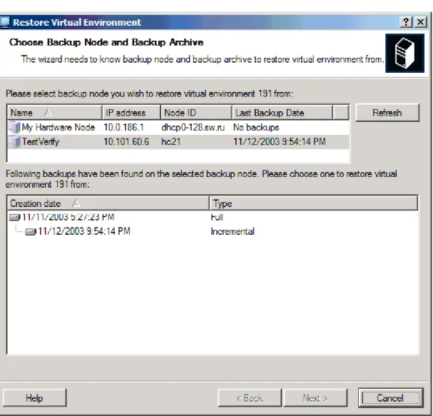 Figure 14: VZMC - Restoring VPSs Wizard  In this wizard you should: 