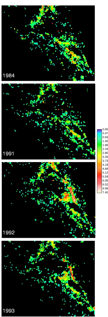 Fig. 3. Examples of log-transformed time slices Si representingseismicity rates of 1984 (quiet), and 1991 to 1993, bracketing theLanders event in June 1992.