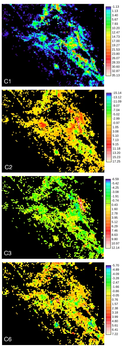 Fig. 5. Examples of components Ci, the new variables after theprincipal components transformation has been applied to the log-transformed earthquake rates Si.The principal component C1,which captures background seismicity, and some higher compo-nents repre