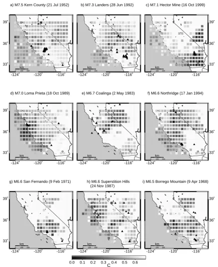 Fig. 2. Curvature parameter C(grey shaded boxes) based on the GCL pattern. The ﬁlled triangles are the strong earthquakes (largest triangle)and the earthquakes with M ≥ 5.0 until one year after these events.