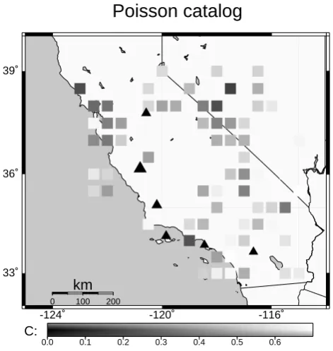 Fig. 3. Curvature parameter C(grey shaded boxes) with respect toa strong earthquake (M = 7.0) for an adjusted Poisson catalogue(APC)