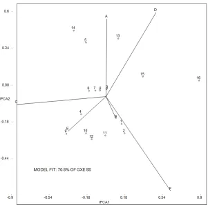 Figure 1. Biplot analysis of GE interaction based on AMM2 model for the first two interactions principal component scores