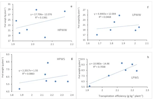 Figure 3. Total transpired water (a, b,c, d) and transpiration efficiency (e, f, g, h) relationship to pod weight under HP, LP and well watered (WW), water stressed (WS) conditions