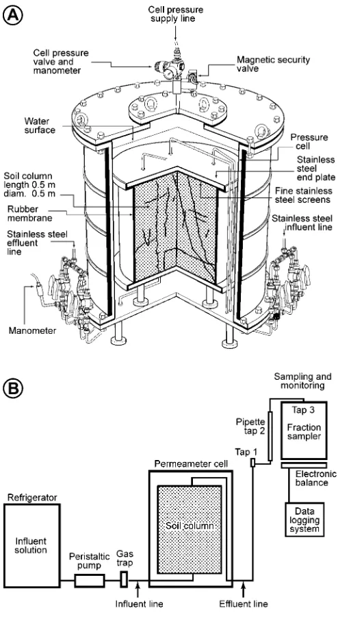 Fig. 3. (A) Large undisturbed column (LUC) permeameter (cut open) used for the flow and transport experiments.(B) Laboratory set-up for the nitrate study.