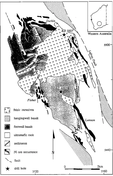 Figure 22 Field relationships ofthe Kambalda Granodiorite and location ofdrill holes KD 5027 and KD 6003 (after Gresham and Loftus-Hills, 1981), 