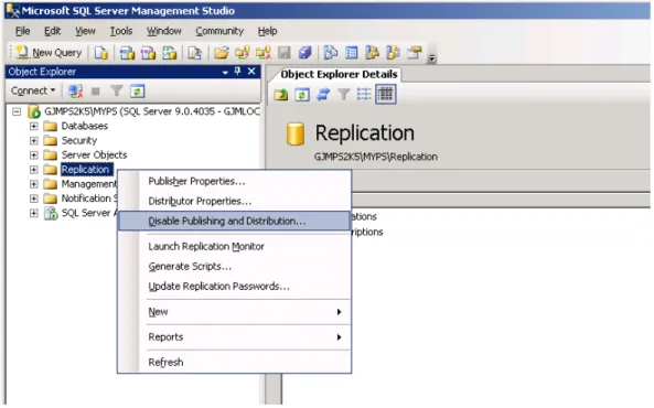 Figure 6.1 SQL 2005: Disable Publishing and Distribution
