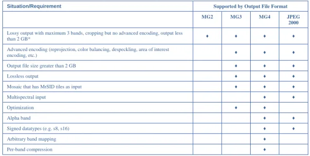 Table 1: Support for Common Requirements in LizardTech File Formats 