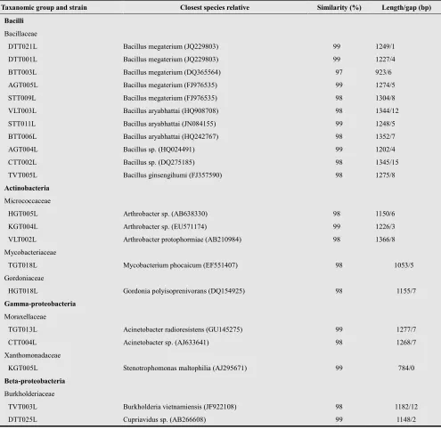 Table 4. Phylogenetic affiliations of isolates on the basis of 16S rDNA gen sequences by using BLAST progam in the GenBank database based on sequence similarity 