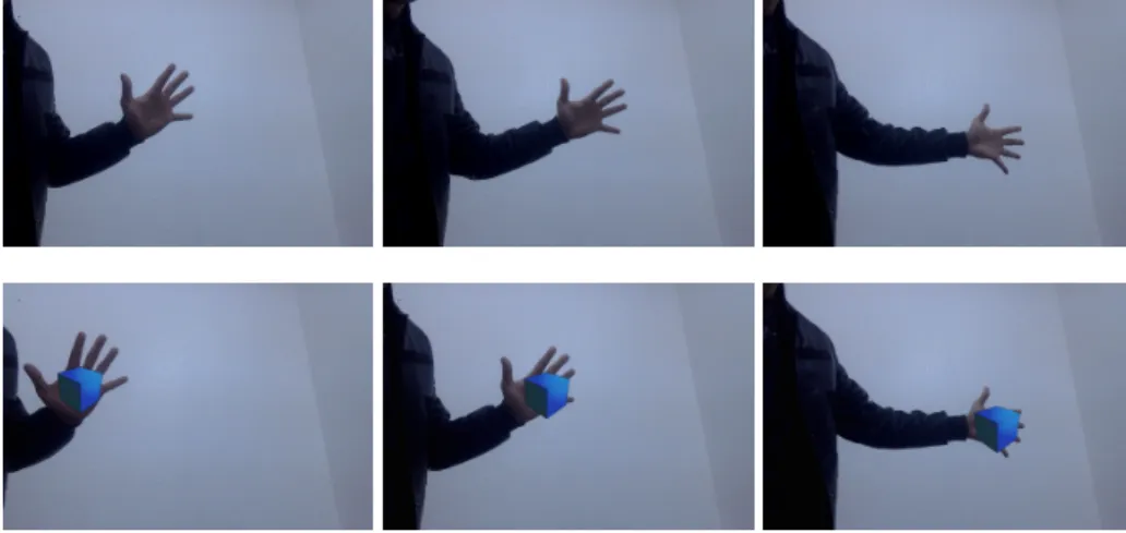 Fig. 7. Moving 3D cube according the hand position. First line : the input images.