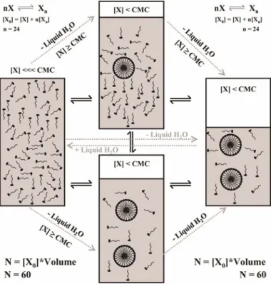 Fig. 8.1 Birth of a micelle—aggregation of amphiphiles in water and apparent “replication” of aggregates by law of mass action