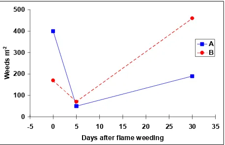 Figure 2. An example of three different weed assessments: Immediately before weed control treatment, and 5 days and 30 days after treatments A and B (modified from Vanhala, 2000)