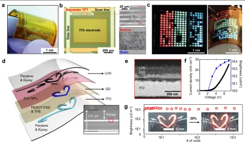 Fig. 6 Deformable displays. a Photograph of a fabricated flexible OLED display containing 16 × 16 pixels