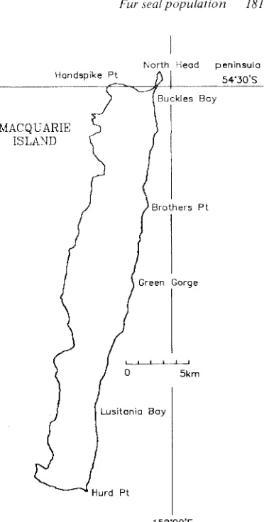 FIG. 3 -localities Map of Macquarie Island, showing where searches for fur seals were conducted