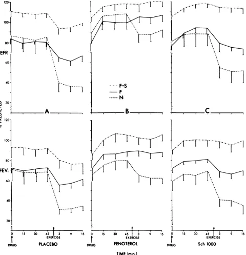 Fig 2.MeanPEFR(upperthreegraphs)andmeanFEV1(lowerthreegraphs)in thethreegroups(F+S, F,andN),showingbronchodilation(0 to45minutes)andexerciseresponse(3to15 minutes)followingtreatmentwithplacebo,fenoterol,andSCH1000.BarsindicateSE.