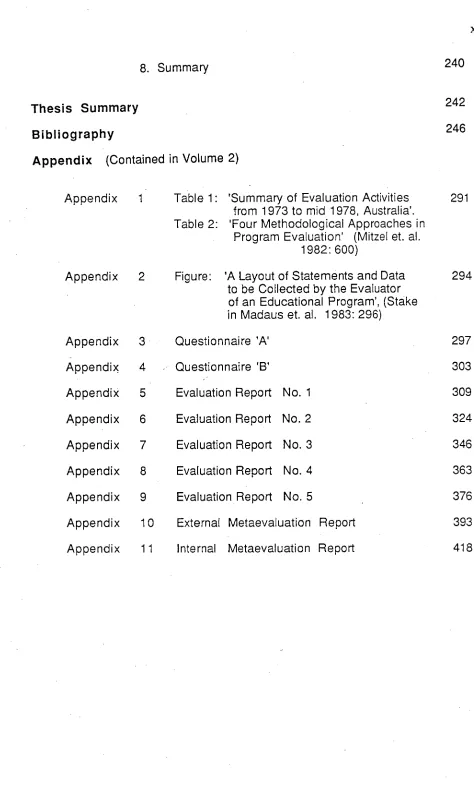 Table 1:  'Summary of Evaluation Activities from 1973 to mid 1978, Australia'. 