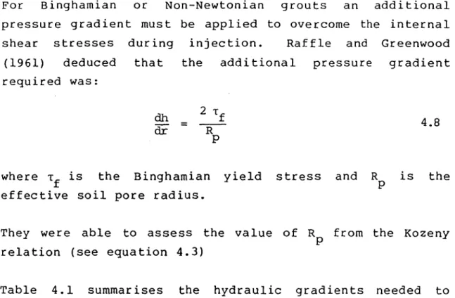 Table  4.1  summarises  the  hydraulic  gradients  needed  to 
