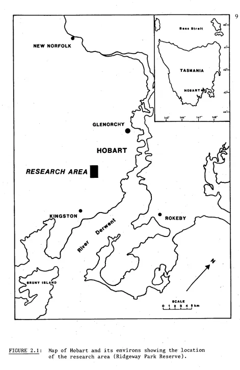 FIGURE 2.1:  Map of Hobart and its environs showing the location of the research area (Ridgeway Park Reserve)