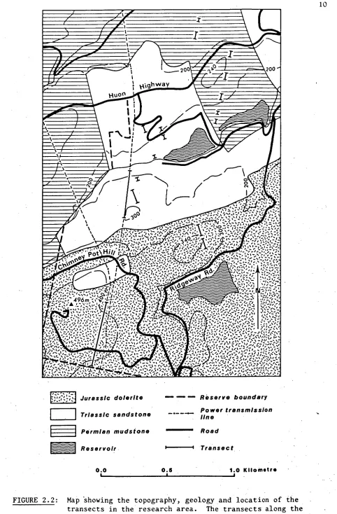 FIGURE 2.2:  Map 'showing the topography, geology and location of the transects in the research area