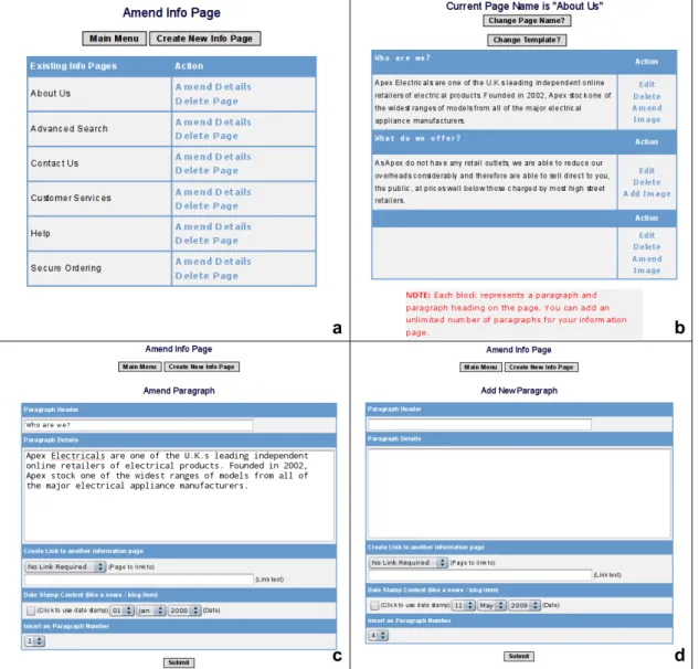 Fig 2: (a) Information pages; (b) Changing “About us” information page; (c) Editing  an information page; (d) Adding a new paragraph for an information page