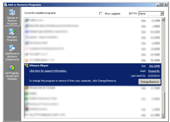 Figure 8: VMware Player in the Add or Remove Programs Window