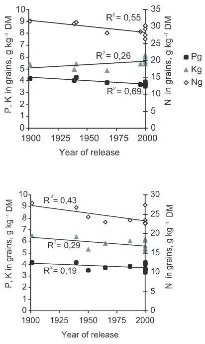 Figure 9. Mean values of N, P and K content in thegrains of barley and spring wheat accessions grownwith limited nutrient supply, in relation to the year ofrelease of the accessions