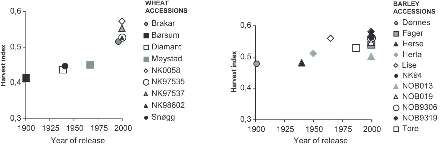 Table 4. Mean grain yields (15% water content) withoptimal and limited nutrient supply for barley andspring wheat accessions, arranged by increasing yieldlevels with optimal nutrient supply