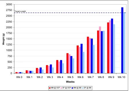 Table 2: Weekly average weights of 30 birds from Maurice Millard (MM) and Devon Food (DF) on Sheepdrove Organic Farm (SOF) and Devon Foods Bradbury Barton (BB) site