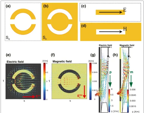 Fig. 1 Schematics of complementary diffraction screens are shown. (a) The original screen with metallic double-split ring resonators and (b) itscomplementary screen with double-split ring apertures are shown