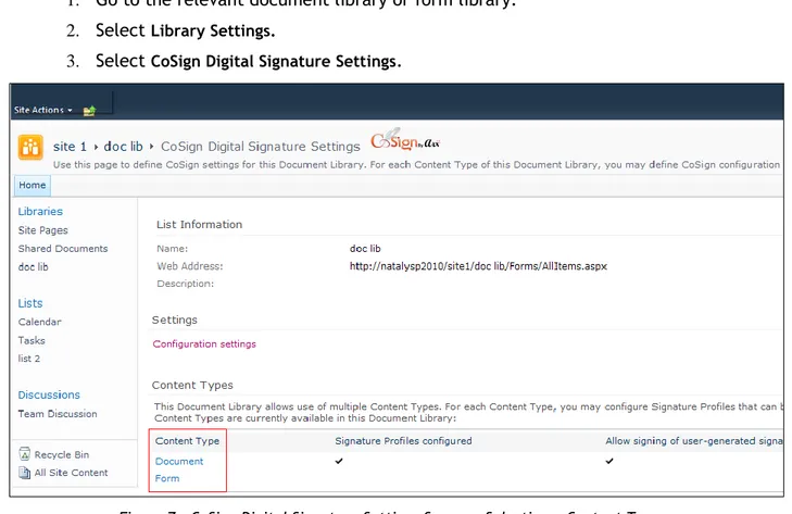 Figure 7:  CoSign Digital Signature Settings Screen – Selecting a Content Type   4.  Select a content type