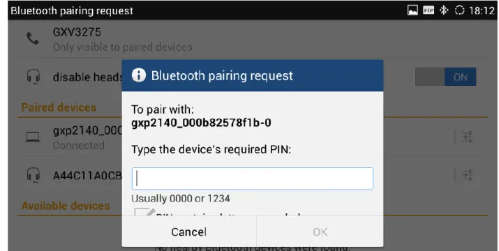 Figure 4: Input Bluetooth Pairing Passcode 