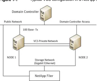 Figure 1-1 illustrates a typical VCS cluster configuration in a NetApp storage environment.