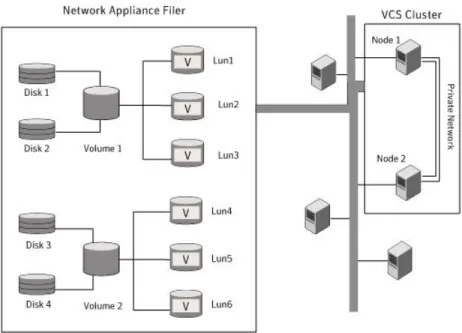 Figure 3-1 illustrates a typical VCS cluster in a NetApp storage environment.