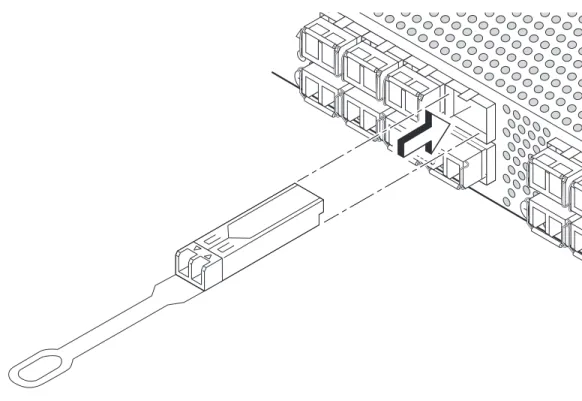 FIGURE 5 Installing a 16 Gbps SFP+ optical transceiver in the upper row port slot