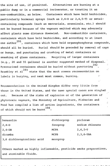 Table 7:  Contents of pesticides in containers not allowed to be burnt. 