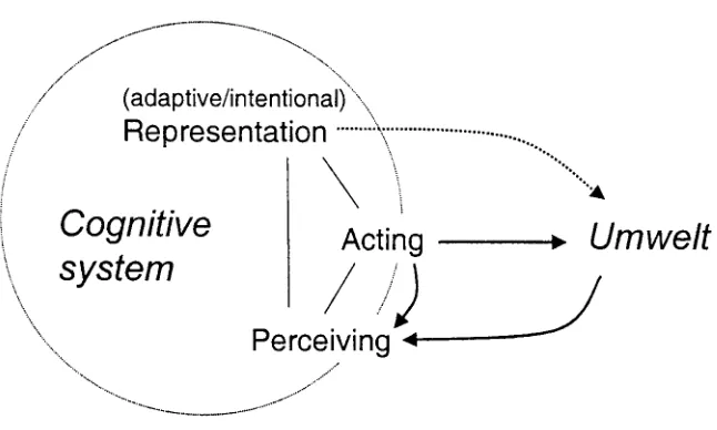 Figure 1. A simple model of a cognitive system. The dotted arrow indicates a semiotic reference, the solid arrows indicate causalprocesses, and the thin lines indicate a systemic connection and coordination (Alrøe, 2000).