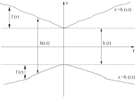Figure 4: Figure showing two general surfaces that are approaching each other, described by zh1 = h1(r, t) and z2 =2(r, t), separated by a distance h0(t) which is the distance of closest approach between the two surfaces.