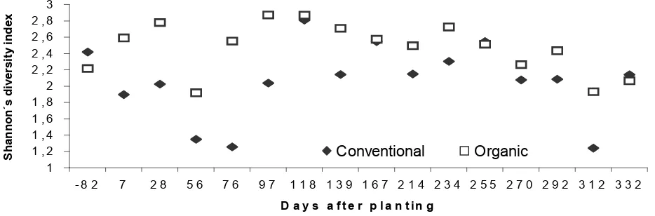 Figure 3 - Organic matter decomposition rate soil of organic and conventional cropping systems.