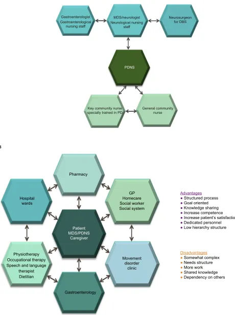 Figure 1 Examples of multidisciplinary team networks aiming to provide comprehensive and collaborative care for people with PD.Abbreviations:Notes: (A) Network interaction within the PD multidisciplinary team in Denmark supporting information exchange abou