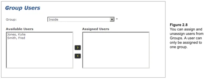 Figure 2.8  You can assign and  unassign users from  Groups. A user can   only be assigned to   one group.