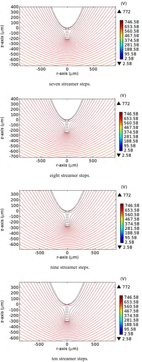 Figure 6. The simulation of the potential distribution as a contour lines around the needle tip in the locating of surface charges for ten stages streamer progress