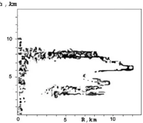 Fig. 3. Distribution of passive contaminant over a ﬁre with R = 5 km after 1, 5 h.