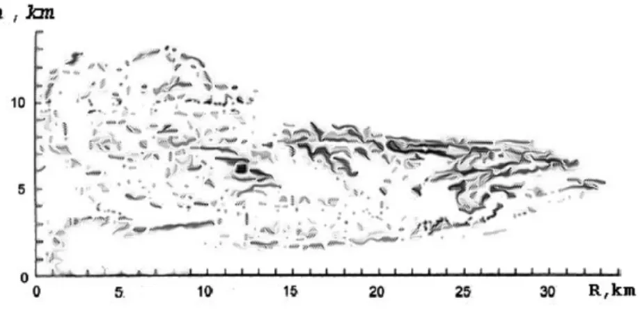 Fig. 6. Distribution of passive contaminant over a ﬁre with R = 22 km after 80 min.